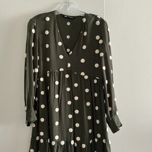 Zara Dark Green Polka Dot Long Sleeve Dress